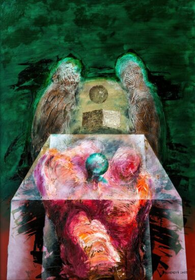Ivan Bukovský: Exorcisti (2025, olej na sololitu, 100 x 70 cm)
